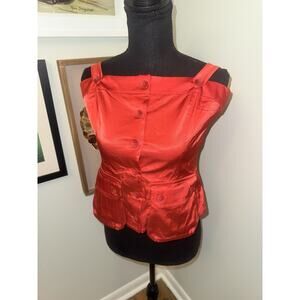 NWT Frankie Morello Red Satin Corset Top Sz L Sleeveless Button Front Pockets